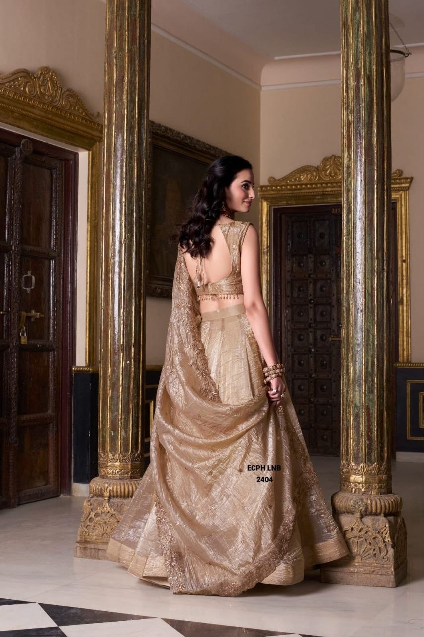 Soft Ivory Floral Sequins and Mirror Embroidered Design Tissue Silk Lehenga With Dupatta